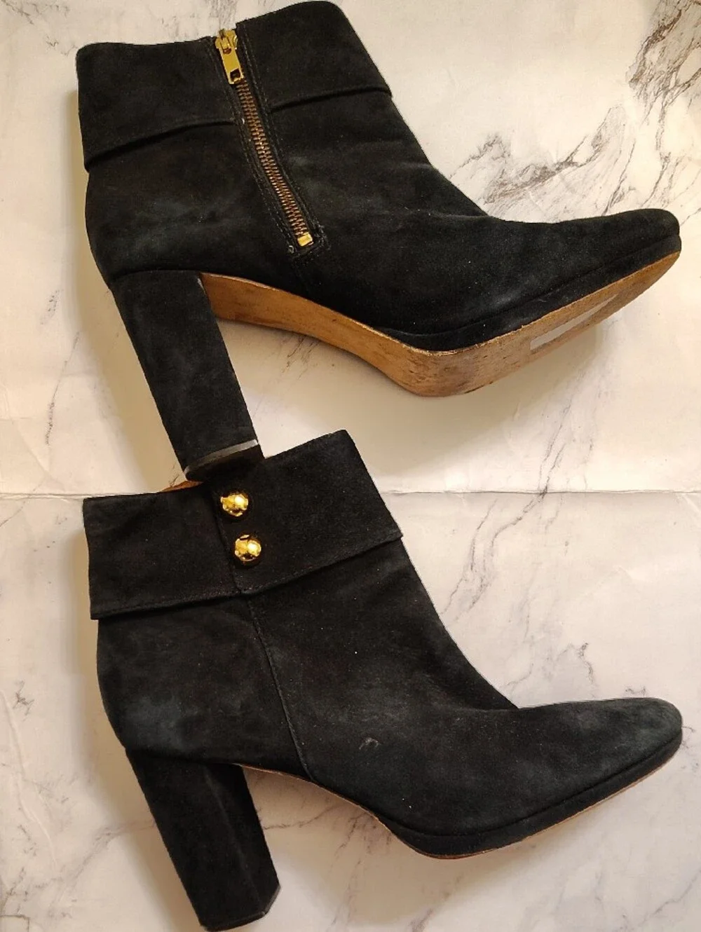 kate spade Black Suede Ankle Booties with Gold Zip & Button Accents